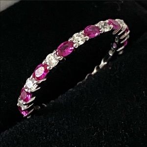 14k White Gold over 925 synthetic Diamond Ruby Eternity Band Ring size 7.5